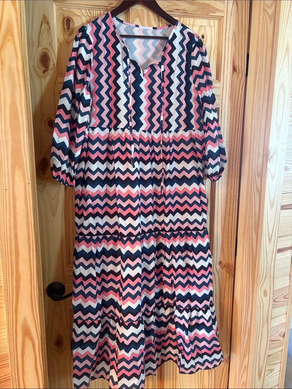 Girls Chevron Pink Navy White Long-Sleeve Pajama Dress